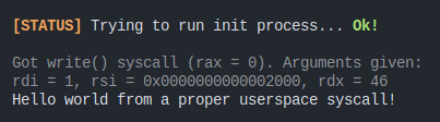 A screenshot of PotatOS getting a syscall
